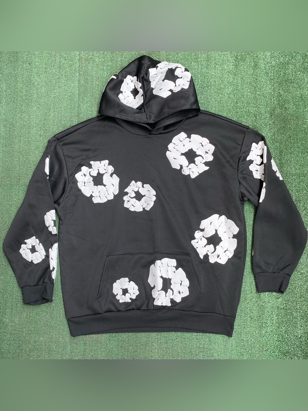 Black Hoodie with White Floral Ring Prints - Unbranded